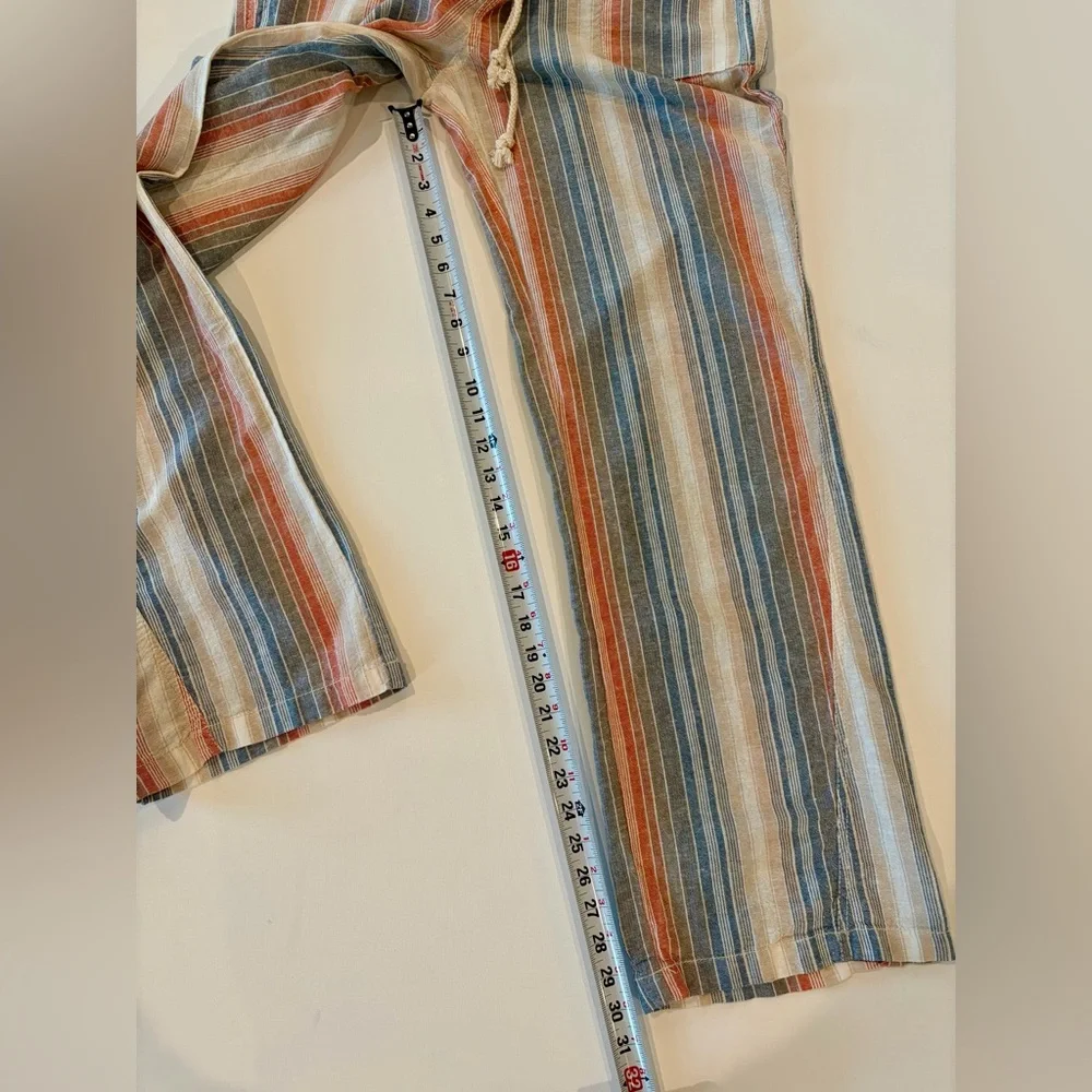 April Kiss Smocked Waist Boho Linen Cotton Blend Large Beach Pants Blue Orange - Picture 3 of 14